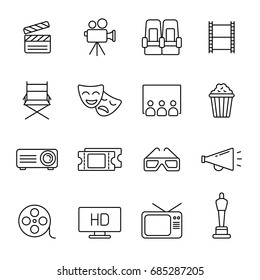 Cinema icons: thin monochrome icon set, black and white kit