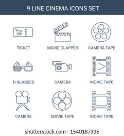 cinema icons. Trendy 9 cinema icons. Contain icons such as ticket, movie clapper, camera tape, d glasses, camera, movie tape. cinema icon for web and mobile.