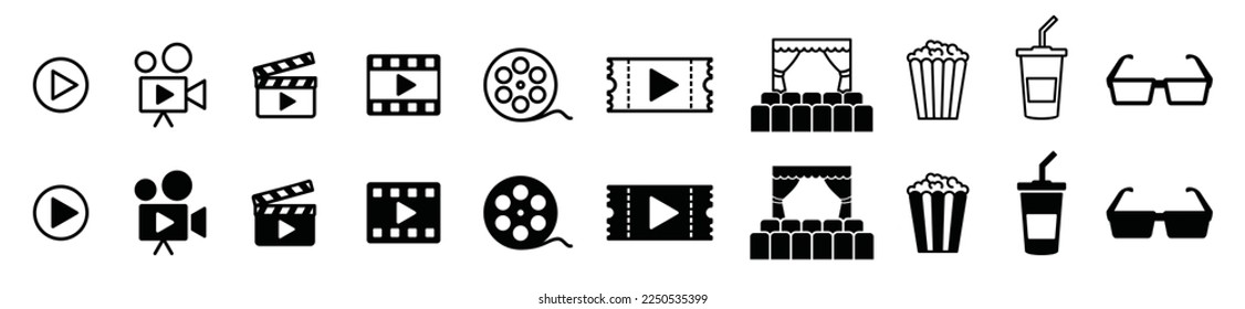 Juego de vectores de iconos de cine. Películas, películas, video, televisión y más ícono para aplicaciones y sitios web, ilustración de símbolos