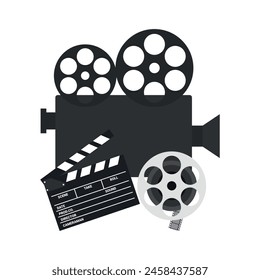 Cinema icons. Video camera, film reel and clapperboard isolated on white background. Vector illustration in flat style