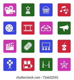 Cinema Icons. White Flat Design In Square. Vector Illustration. 