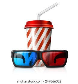 Cinema illustration - 3d glasses and red striped cola cup. Vector