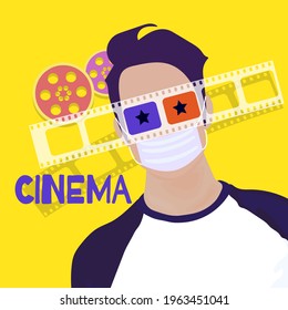  CINEMA. Illustration on a yellow background. Guy, movie tape. Vector stock drawing eps10.