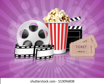 Cinema illustration, spool with film tape and delicious realistic cinema theater popcorn can, tickets and clapper board with reflection, on retro striped background. Vector illustration.