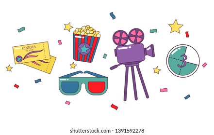 Cinema illustration. Tickets, popcorn, 3D glasses, camera, counter in cartoon style. Bright design elements with contour lines isolated on white background. - Vector