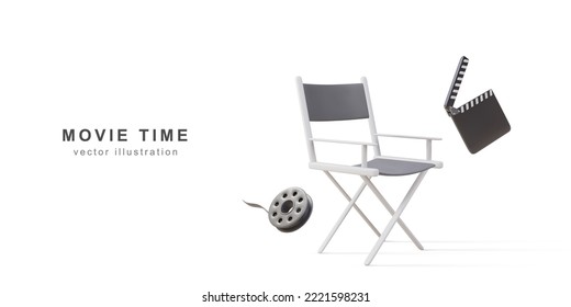 Concepto de la industria cinematográfica. 3d director presidente realista, equipo de cine y tambores de cine sobre fondo blanco. Ilustración vectorial.