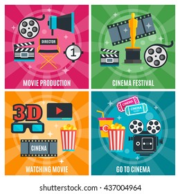 Cinema industry concept with production awards and festivals watch film visit to movie theater isolated vector illustration