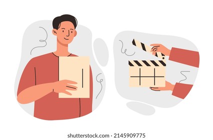 Cinema industry concept. Set of scenes with actor reading script and hands holding director clapperboard. Shooting movies and TV series. Directing or filmmaking. Cartoon flat vector illustration