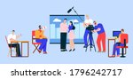 Cinema industry flat vector illustration. Movie director, cameraman, sound engineer and actress cartoon characters. Action film, advertisement shooting process. Show business, entertainment concept