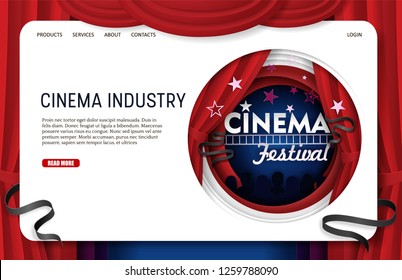 Cinema industry landing page website template. Vector paper cut cinema decorations with filmstrip, audience in circle frame. Cinematography, movie festival.