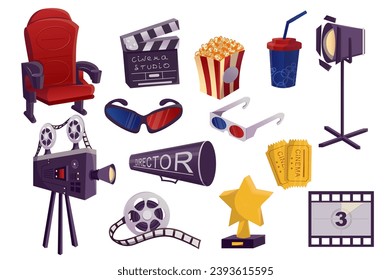 Cinema industry mega set in flat design. Bundle elements of chair, clapperboard, popcorn, spotlight, camera, 3d glasses, tickets, film reel and other. Vector illustration isolated graphic objects