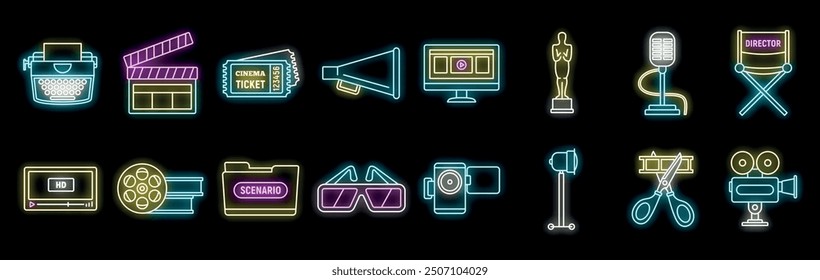 Cinema industry neon sign set featuring clapperboard, ticket, megaphone, award, director chair, typewriter, camera