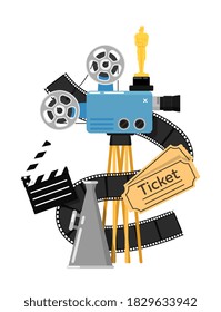 Cinema industry production background with golden reward statue, loudspeaker, vintage camcorder and tape reel, ticket, clapperboard, filmstrip vector illustration isolated on white