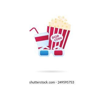 Cinema industry symbols. Pop corn, 3d glasses and paper cup