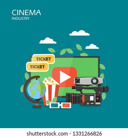 Cinema industry vector flat illustration. Screen with play button, camcorder, tickets, globe, popcorn, 3d glasses. Cinematography concept for web banner website page etc