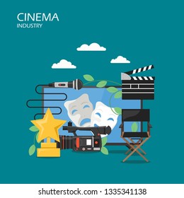 Cinema industry vector flat illustration. Clapperboard, camcorder, tv with tragedy and comedy masks on screen, microphone, film festival trophy. Cinematography concept for web banner, website page etc