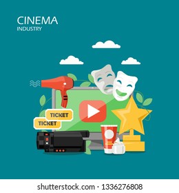 Cinema industry vector flat illustration. Computer camcorder tragedy and comedy masks tickets hairdryer makeup products and film festival trophy. Cinematography concept for web banner website page etc