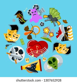 Cinema infigraphic concept vector illustration. Film genres such as drama detective horror melodrama western fantasy historical catastrophe crime comedy science fiction poster, banner.