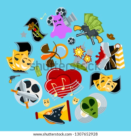 Cinema infigraphic concept vector illustration. Film genres such as drama detective horror melodrama western fantasy historical catastrophe crime comedy science fiction poster, banner.