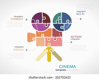 Cinema infographic template with camera made out of puzzle pieces