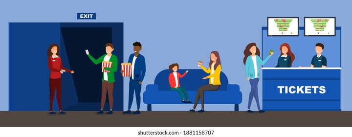 Cinema interior with customers and workers selling and checking tickets. Happy friends and family came to see movies. Flat cartoon vector illustration