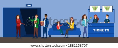 Cinema interior with customers and workers selling and checking tickets. Happy friends and family came to see movies. Flat cartoon vector illustration