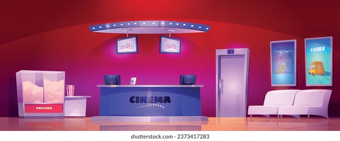 Cinema interior with popcorn machine and ticker counter cartoon background. Entrance door in red wall near armchair and posters. Pop corn maker to buy in theater hall. Lounge indoor furniture design.