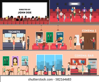 Cinema interior set. Screen and rows with audience, tickets and posters, cinema bar.