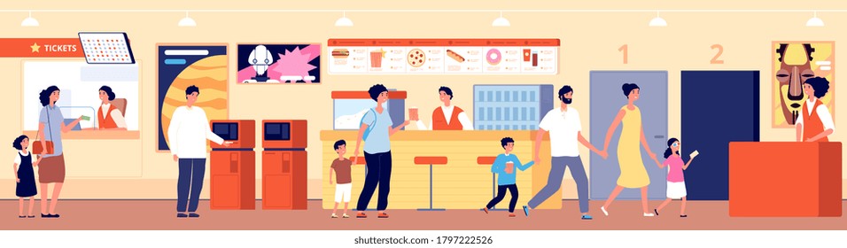 Cinema Interior. Theater Cafeteria, Movie Audience In Hall. People In Waiting Room Buy Tickets Pop Corn Or Snack In Bar Vector Illustration