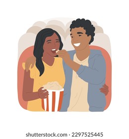 At the cinema isolated cartoon vector illustration. Teen couple watching movie together, teens sitting at row, feeding each other popcorn, date at cinema, romantic relationship vector cartoon.