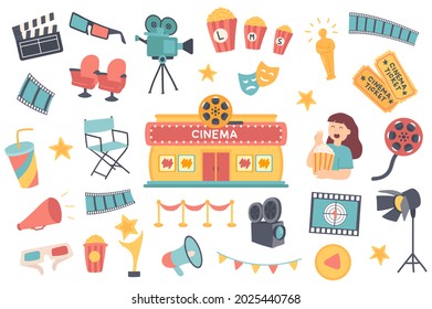 Cinema isolated objects set. Collection of clapper, 3d glasses, camera, popcorn, oscar statuette, tickets, spectator, festival cinematography. Vector illustration of design elements in flat cartoon