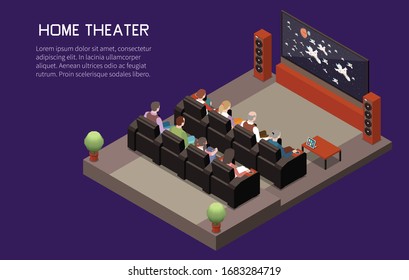 Cinema isometric background with editable text and composition of domestic tv screen audio system and auditorium vector illustration