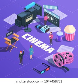 Cinema isometric composition on purple background with movie equipment, pages of script, staff, snacks vector illustration