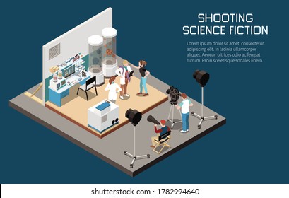 Composición isométrica del cine con vistas a la localización de la película con texto editable y personas con imágenes vectoriales de cámaras ligeras