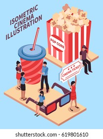 Cinema isometric design concept with popcorn cola 3d glasses signs and viewers figurines vector illustration 