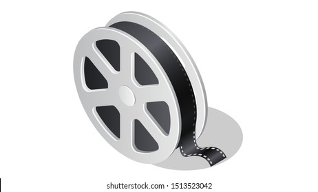 Cinema isometric icon with shadow cartoon vector illustration isolated on white background. Movie industry element, film reel or spool with cinema tape