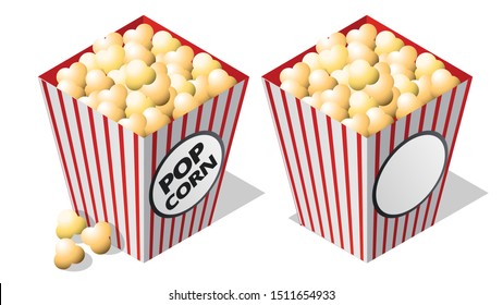 Cinema isometric icon, striped popcorn bucket with shadow cartoon vector illustration isolated on white background. Movie industry element, white and red cardboard container with popcorn