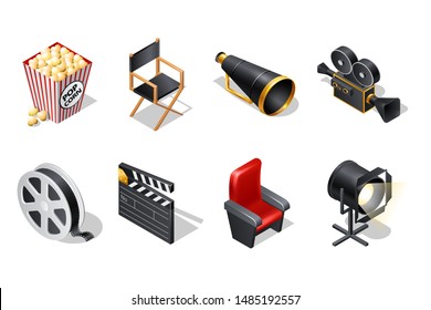 Cinema isometric icons with shadow cartoon vector illustration isolated on white background. Movie industry elements, clapper, chairs, loudspeaker, video camera, film reel, spotlight and popcorn