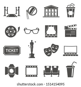 Cinema items black glyph vector icons set. Movie theater entertainment collection. Ticket, popcorn, filmstrip, clapperboard. Film reel, projector. Cinematography isolated silhouette illustrations
