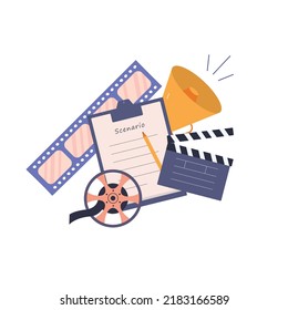 Cinema items on isolated white background. Cinematography industry. Colored vector illustration in cartoon flat style.