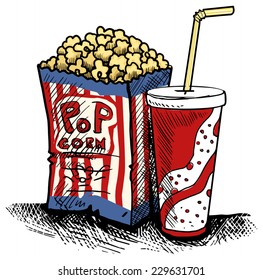 Cinema junk food, pack of pop corn and fizzy drink cup with straw, vector illustration