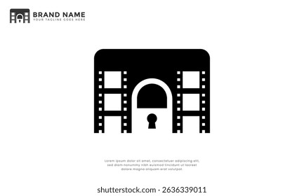 Cinema key padlock logo. Modern logo combine film strip with key padlock, symbolizing protected digital content, secure streaming, and media copyright.