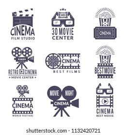 Cinema labels set. Badges with black pictures at cinema and video production industry. Video camera for cinema production, studio center, movie festival label. Vector illustration