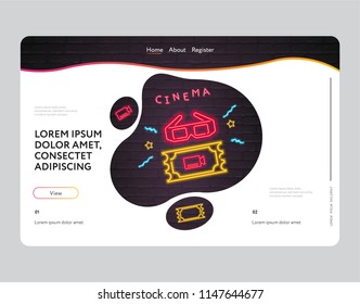 Cinema Landing Page Web Design Neon Light Glowing. Cinema Glasses, Ticket Symbol Bright Vector Illustration