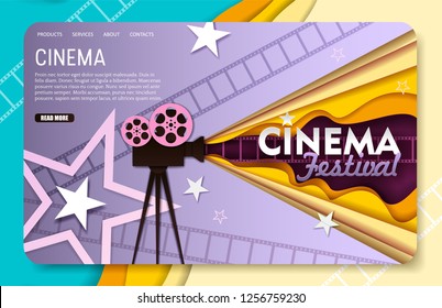 Cinema landing page website template. Vector paper cut motion picture projector with film reels. Cinematography, film industry, cinema festival.
