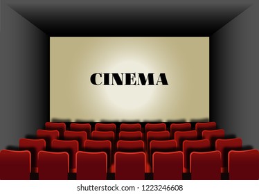 Cinema with a large screen and the inscription cinema. Paper art.