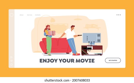 Cinema Leisure Landing Page Template. Young Couple Watching TV with Popcorn at Home. Male and Female Characters Sitting on Couch Together in Lazy Weekend Evening. Cartoon People Vector Illustration