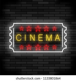 Cinema Light Neon Sign on Brick Background. Colored Signboard. Bright Street Banner.