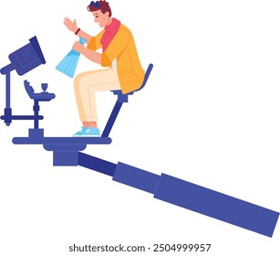 Cinema light technician sit on crane. Film crew character isolated on white background