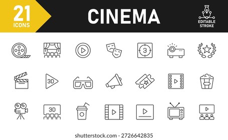 Conjunto de iconos de línea de cine. Conjunto de 21 iconos de esquema relacionados con la película, cine, espectáculo, clapperboard, 3D, película, carrete de película, boleto, palomitas de maíz y otros. Trazo editable. Ilustración vectorial.